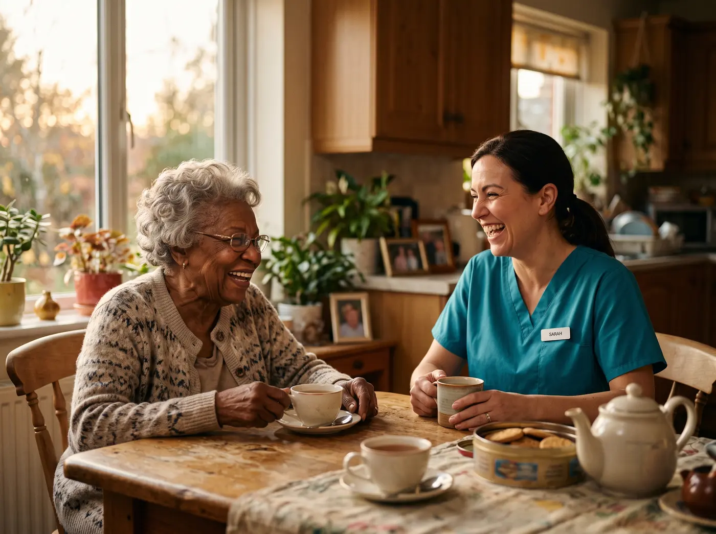 A caregiver sharing tea and a laugh with a client